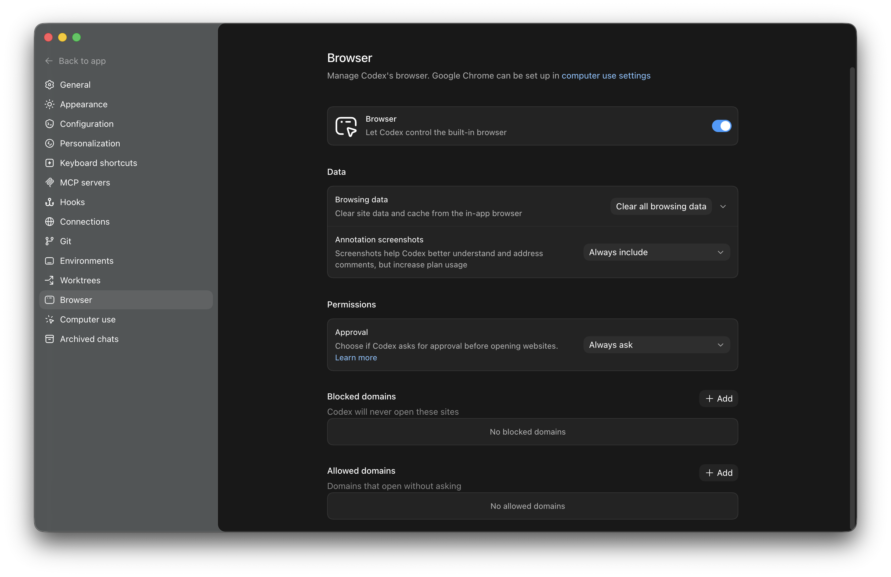 Codex browser settings panel: toggles for browser, browsing data, annotation screenshots, approval, blocked / allowed domains