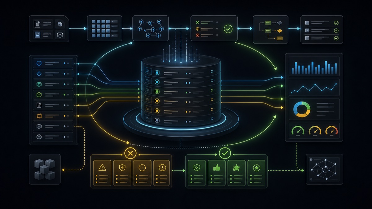 Diagram of audit hooks and episodic memory: every stage emits typed events into a central store, which feeds dashboards and nudges future generations