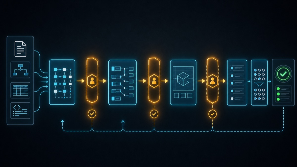 Diagram of the test-case generation pipeline: multiple sources flow through staged generation steps, each separated by a human approval gate, ending in a verified import