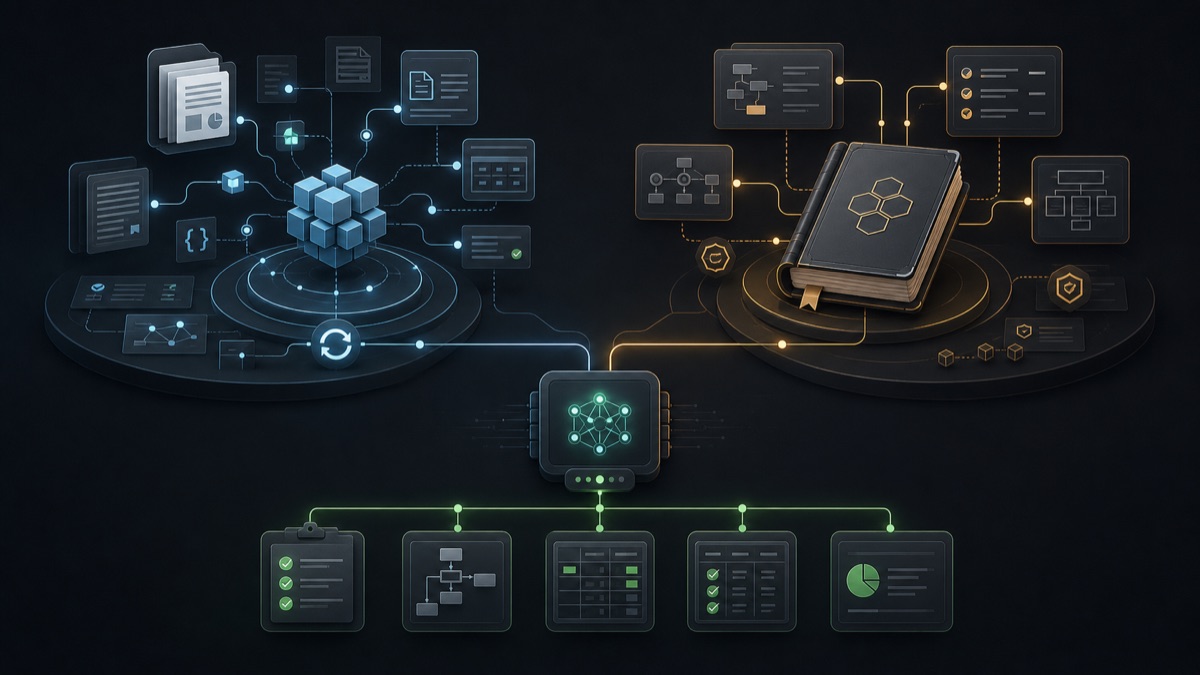 Diagram of the two-memory model: a refreshable RAG knowledge base on one side, a stable hand-curated business skill on the other, both feeding the generation stages